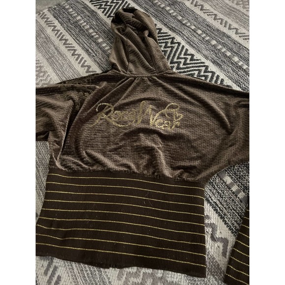 Vtg Y2K rocawear Velour Velvet Zip Up Sweatshirt Jacket gold brown Women Med - Picture 5 of 5